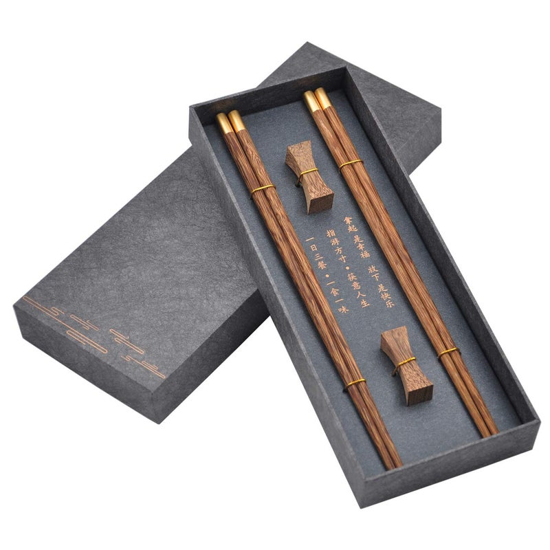 Kenpal Wooden Chopsticks Reusable with Case, Chinese Chop Sticks Set with Holder 2 Pair (Wenge) - Image 1